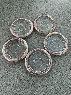 Vintage Set of 5 Silver-Tone Glass Coasters with Starburst Design